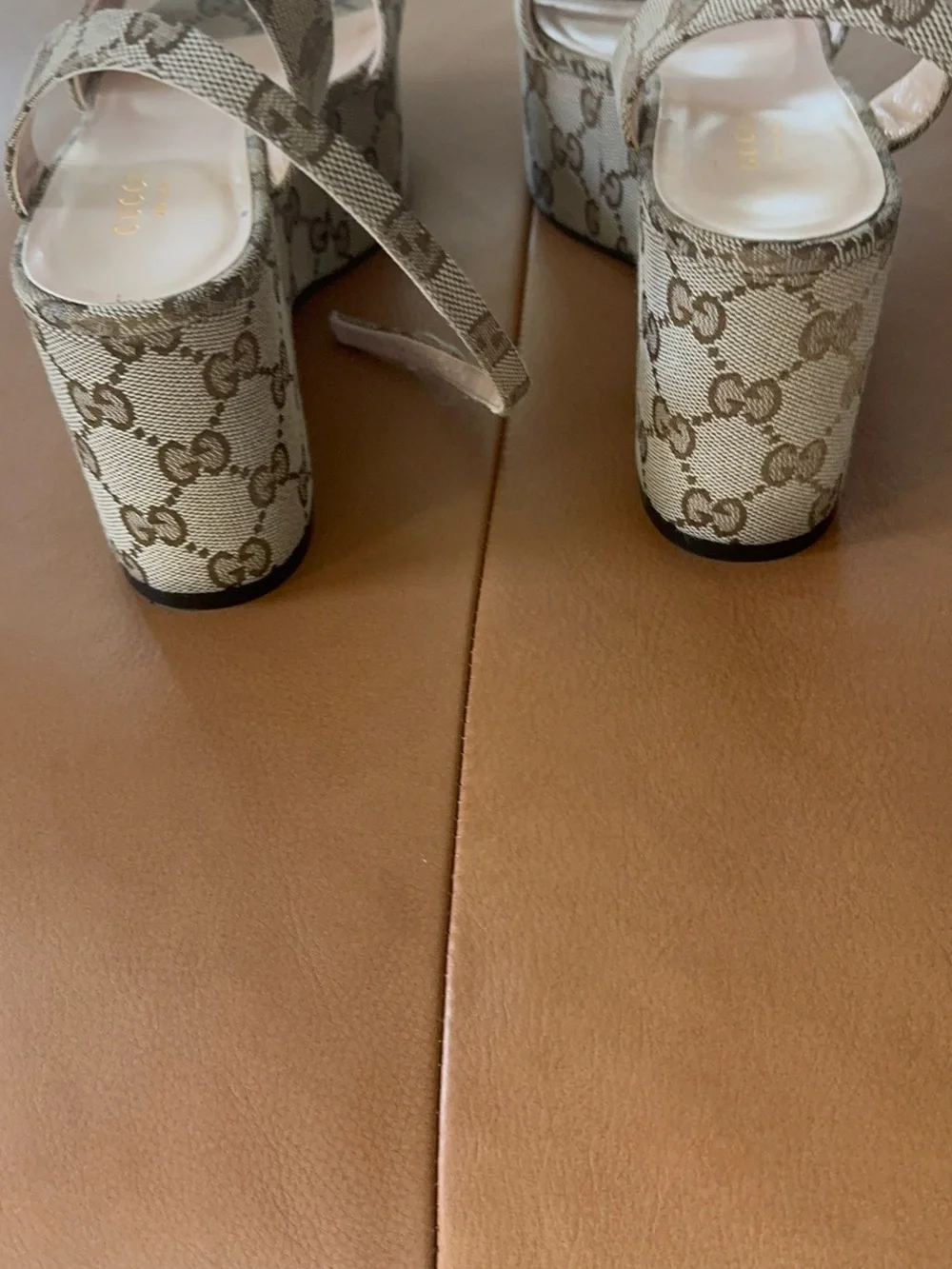Gucci Tan Monogram Platform Slingback Sandals with Gold Horsebit
